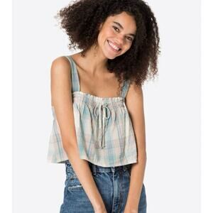 NWT American Eagle Plaid Smocked Peplum Tank Top Size M Pastel Linen Blend